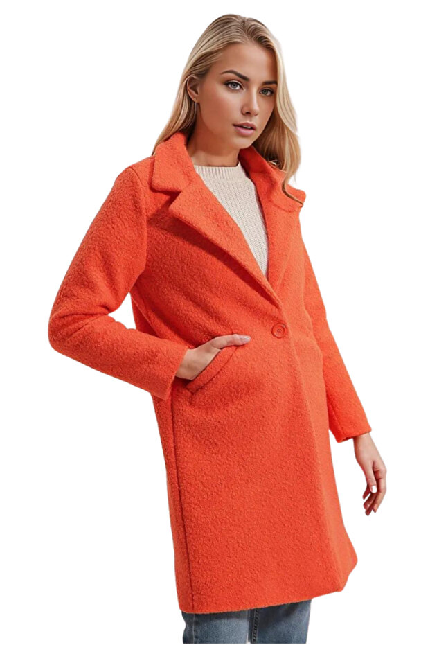 Women's Orange Lined Oversize Cashmere Teddy Trench Coat