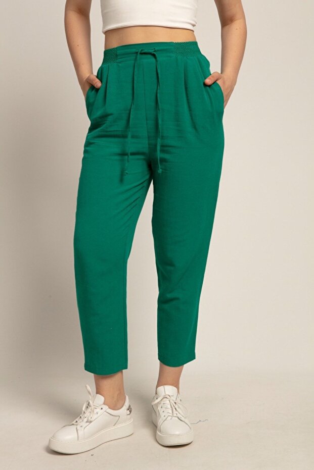 Women's Linen Textured Emerald Green Pants with Elastic Waist 50826