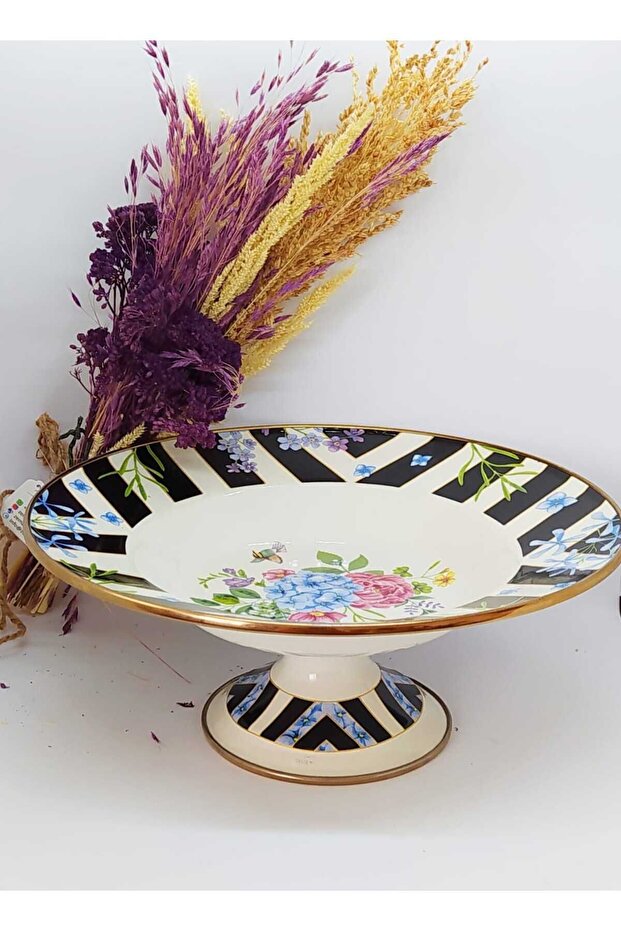 30 Cm Footed Enamel Vintage Bougainvillea Salad Fruit Bowl