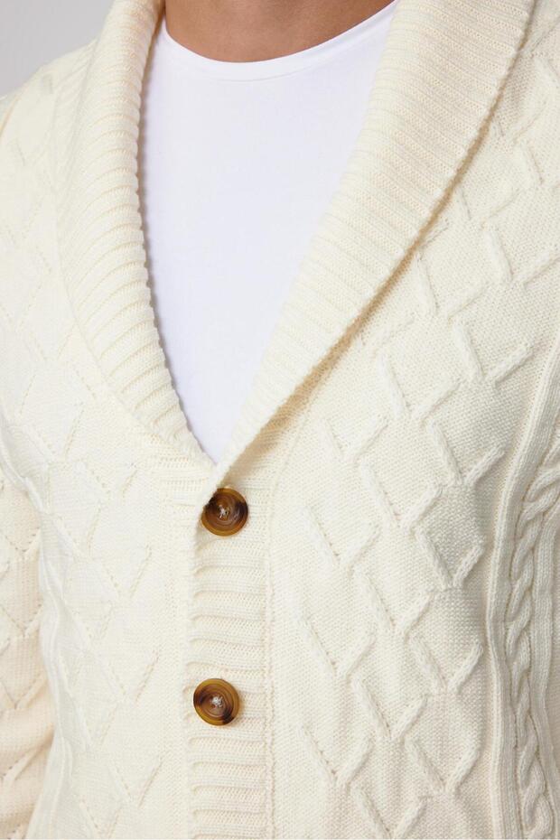 Slim Fit Slim Fit Patterned Soft Textured Buttoned Ecru Men's Cardigan - 4