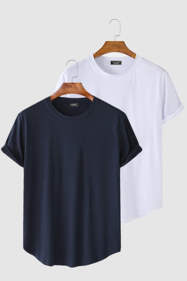 Men's Navy Blue-white 2-piece T-shirt - Layered Sleeves, Oval Cut, Pocketless Crew Neck