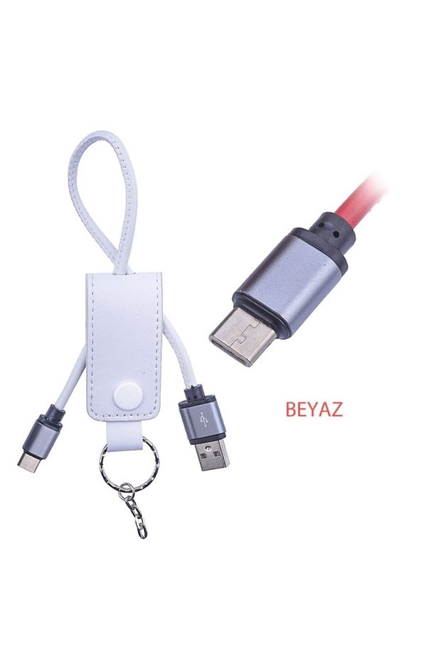 Usb C Type C Usb Deri Anahtarlık Kısa Usb Şarj Kablo Beyaz - 1
