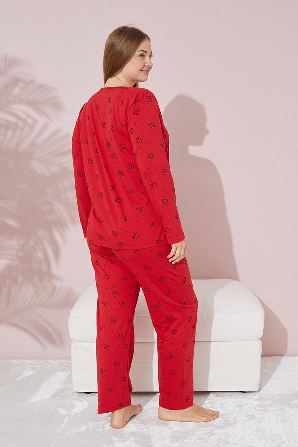 kırmızı çiçek desenli Curve Büyük Beden Battal Boy Örme Pamuklu Pijama Takımı - 3