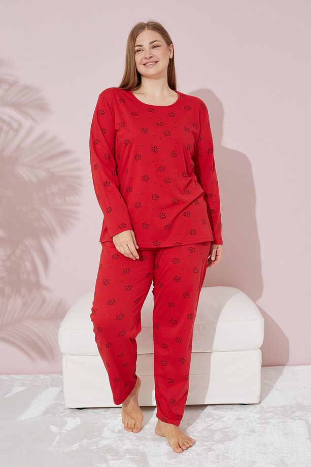 kırmızı çiçek desenli Curve Büyük Beden Battal Boy Örme Pamuklu Pijama Takımı - 2