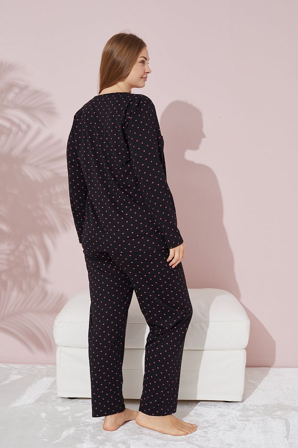 siyah pembe puan desenli Curve Büyük Beden Battal Boy Örme Pamuklu Pijama Takımı - 3