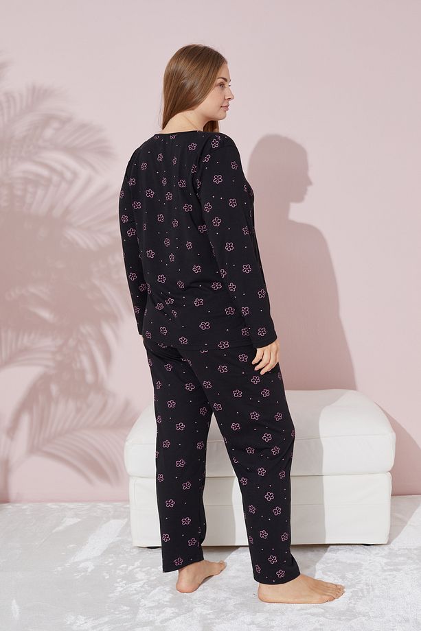 siyah pembe çiçek desenli Curve Büyük Beden Battal Boy Örme Pamuklu Pijama Takımı - 3