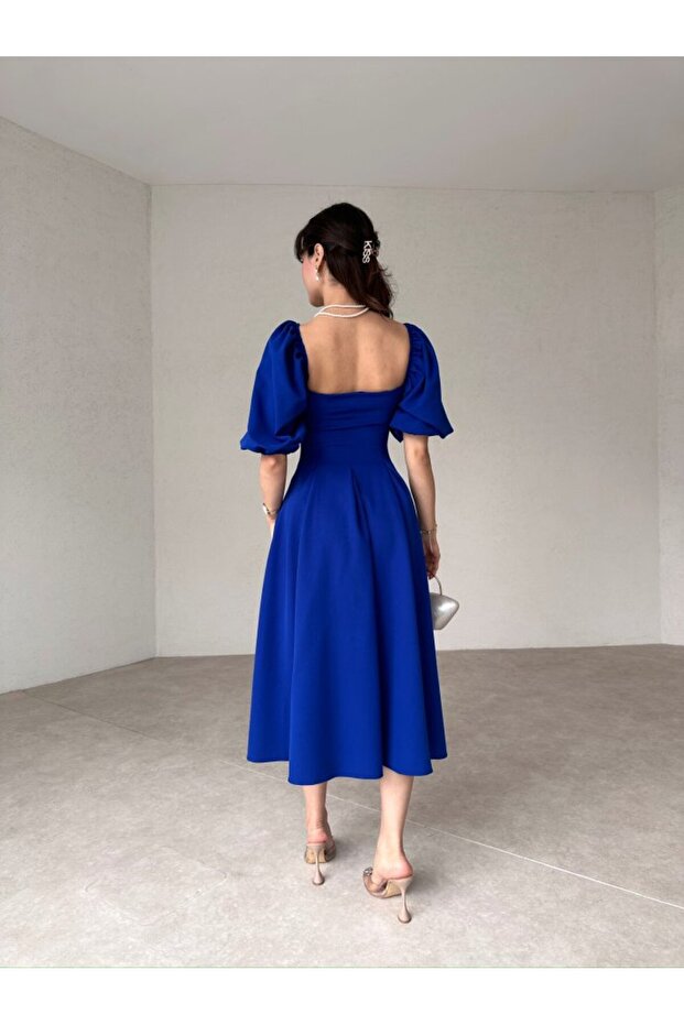 Плісирована міді-сукня з квадратним вирізом і рукавом-балон - 4