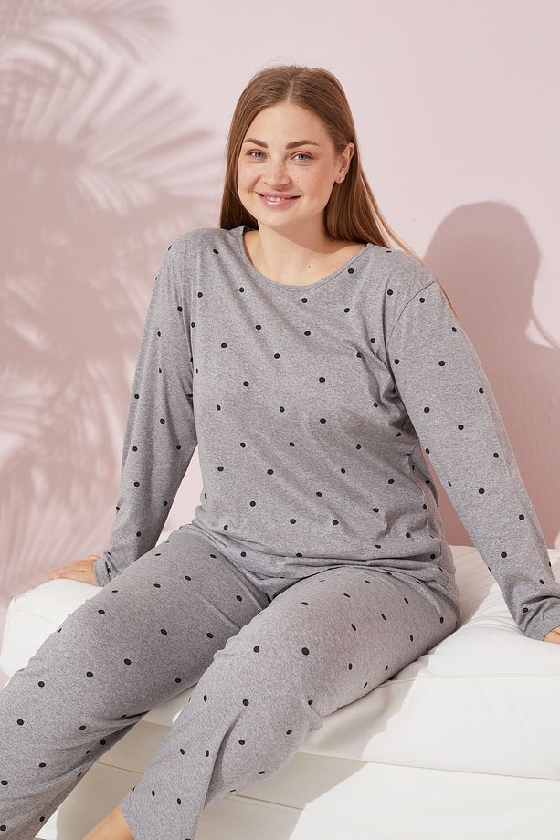 gri puan desenli Curve Büyük Beden Battal Boy Örme Pamuklu Pijama Takımı - 1