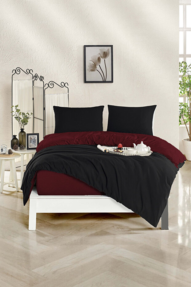 طقم غطاء لحاف فردي بلون سادة - 100x200 مطاط، بورجوندي-أسود