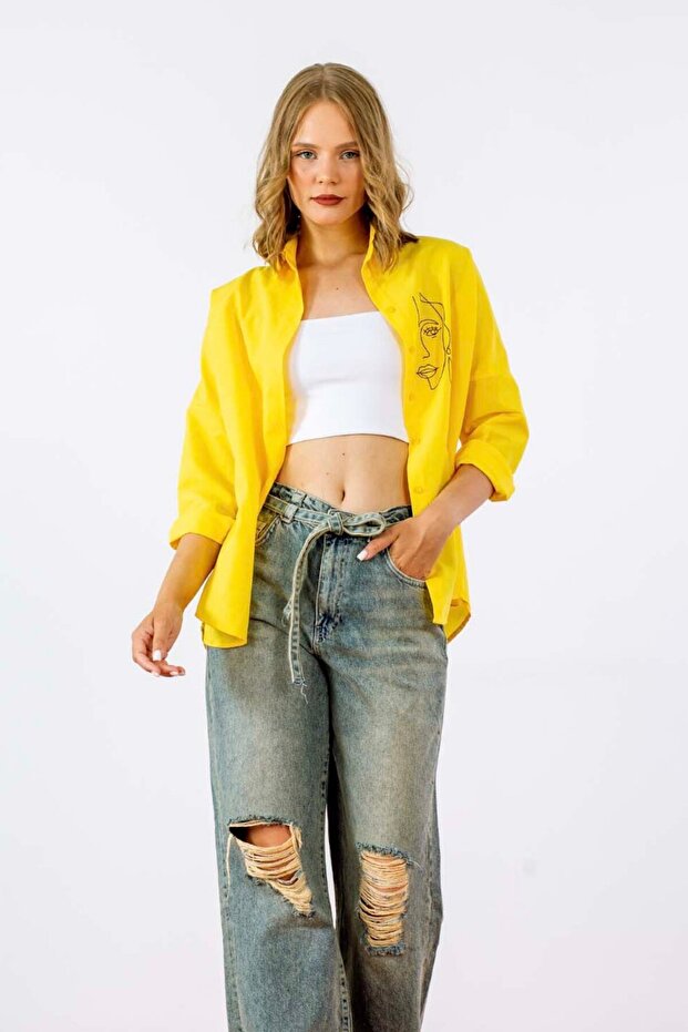 Kadın Oversize Nakışlı Uzun Basic Gömlek - 3