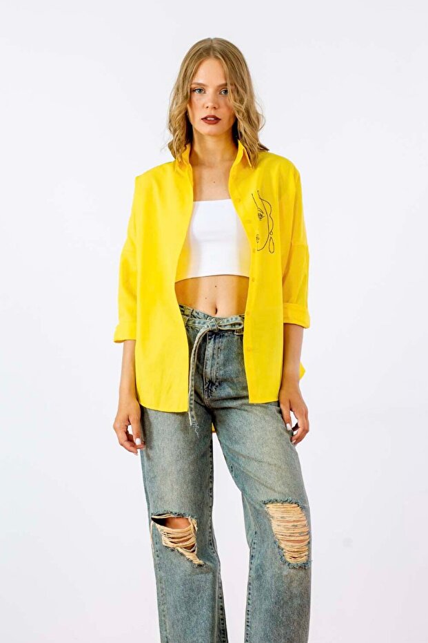 Kadın Oversize Nakışlı Uzun Basic Gömlek - 1