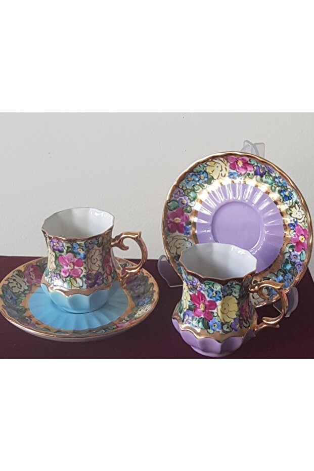 Lilac Turquoise Lebriz Porcelain Hand Painted Cup Set Double