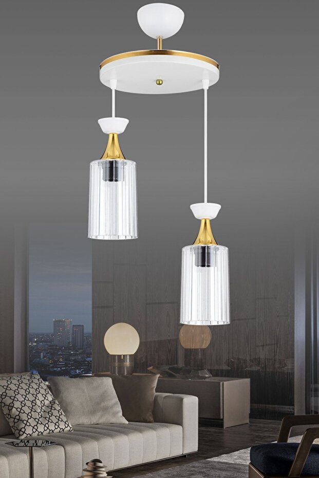 Sarkıt Tepsi Beyaz 2'li Boru Mika Şeffaf Camlı Sarı Şeritli Modern Aşağı Bakan Avize - 2