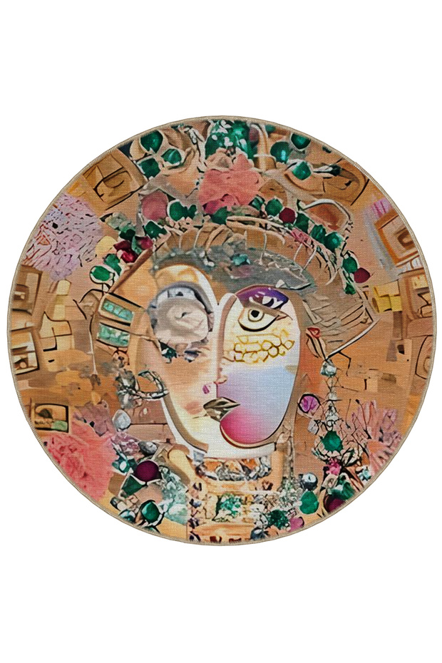 Shape Collection Round Multicolor Abstract Face Patterned Woven Base Carpet Shape69