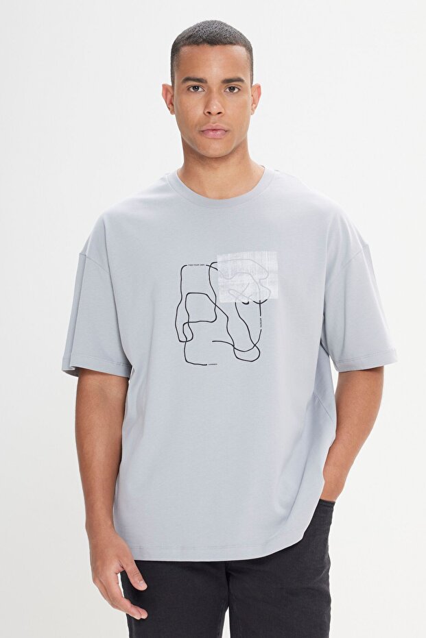 Men's Gray Oversize Loose Cut Crew Neck 100% Cotton Printed T-Shirt