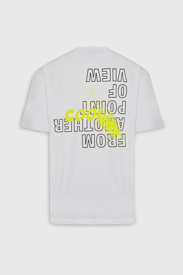 Erkek Ekru Oversize Bol Kesim Bisiklet Yaka %100 Pamuk Baskılı Tişört - 6