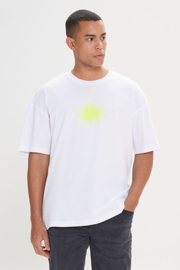 Erkek Ekru Oversize Bol Kesim Bisiklet Yaka %100 Pamuk Baskılı Tişört - 1