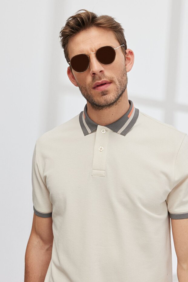 Erkek Bej Slim Fit Dar Kesim %100 Pamuk Kıvrılmaz Polo Yaka Tişört - 5