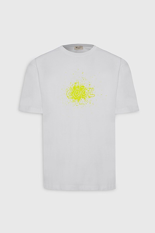 Erkek Ekru Oversize Bol Kesim Bisiklet Yaka %100 Pamuk Baskılı Tişört - 5