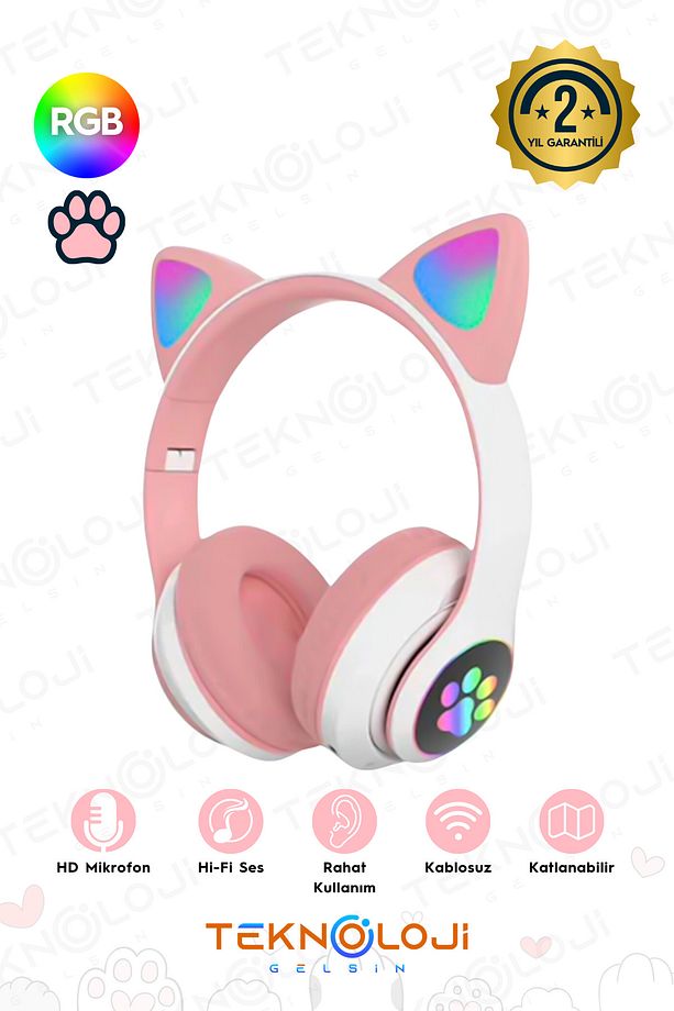 Bluetooth 5.0 Pembe Kedi Kulaklık Led Mikrofonlu - 1