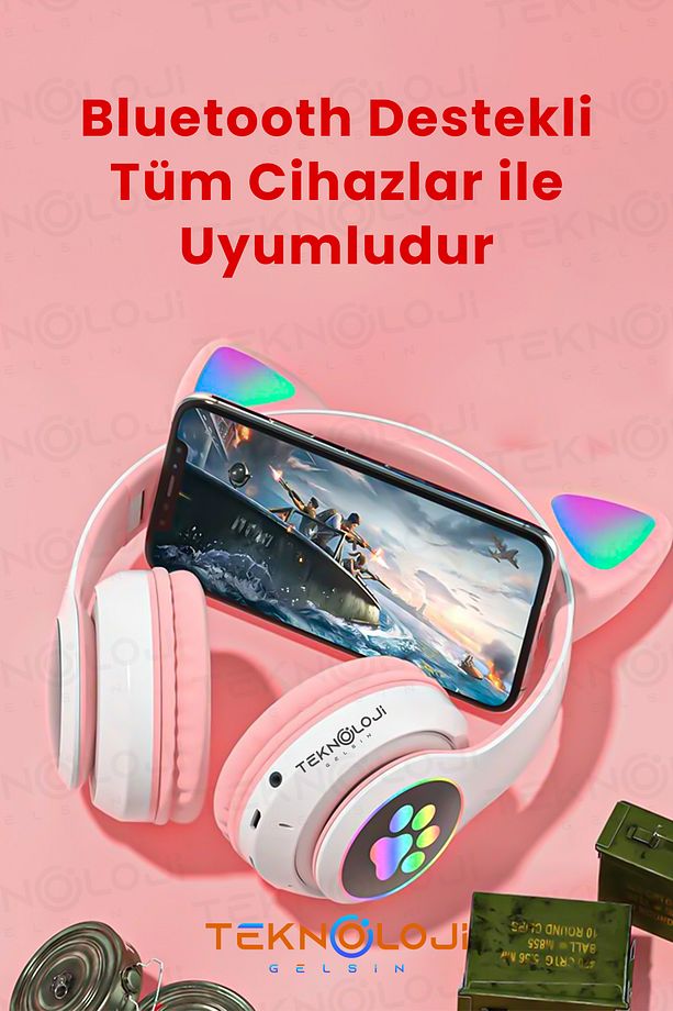 Bluetooth 5.0 Pembe Kedi Kulaklık Led Mikrofonlu - 3