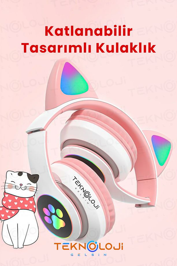 Bluetooth 5.0 Pembe Kedi Kulaklık Led Mikrofonlu - 4