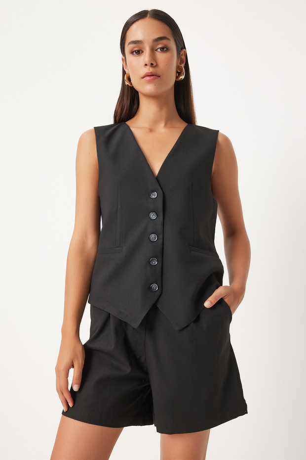 Women's Black V-Neck Vest Shorts Set To00144