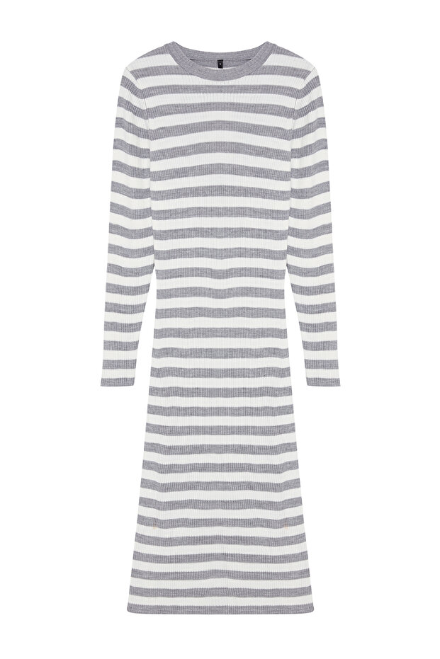 Gri Midi Triko Basic Çizgili Elbise TWOAW23EL00018 - 6