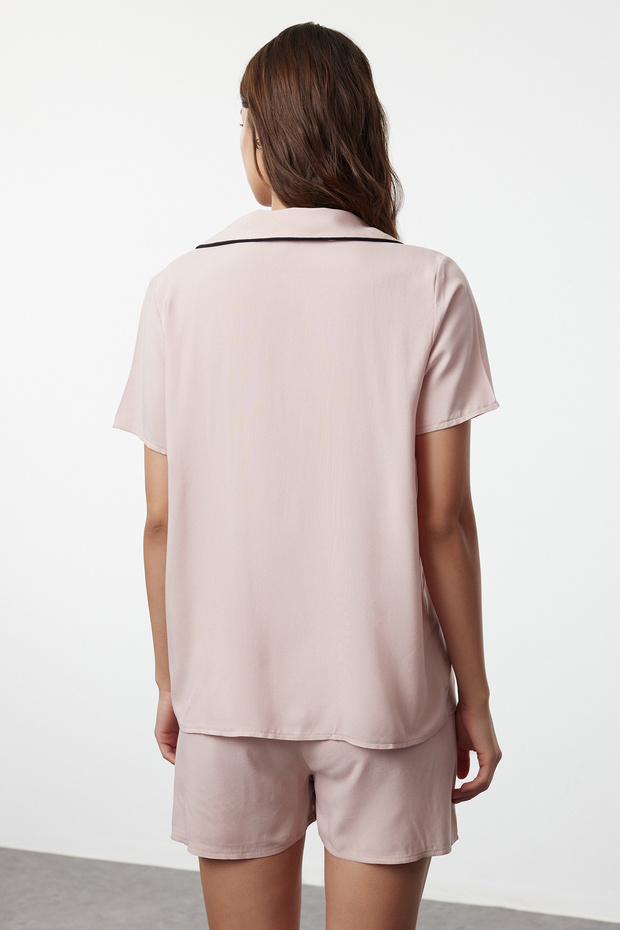 Pudra Kurdele/Fiyonk ve Biye Detaylı Viskon Şortlu Dokuma Pijama Takımı THMSS24PT00290 - 5
