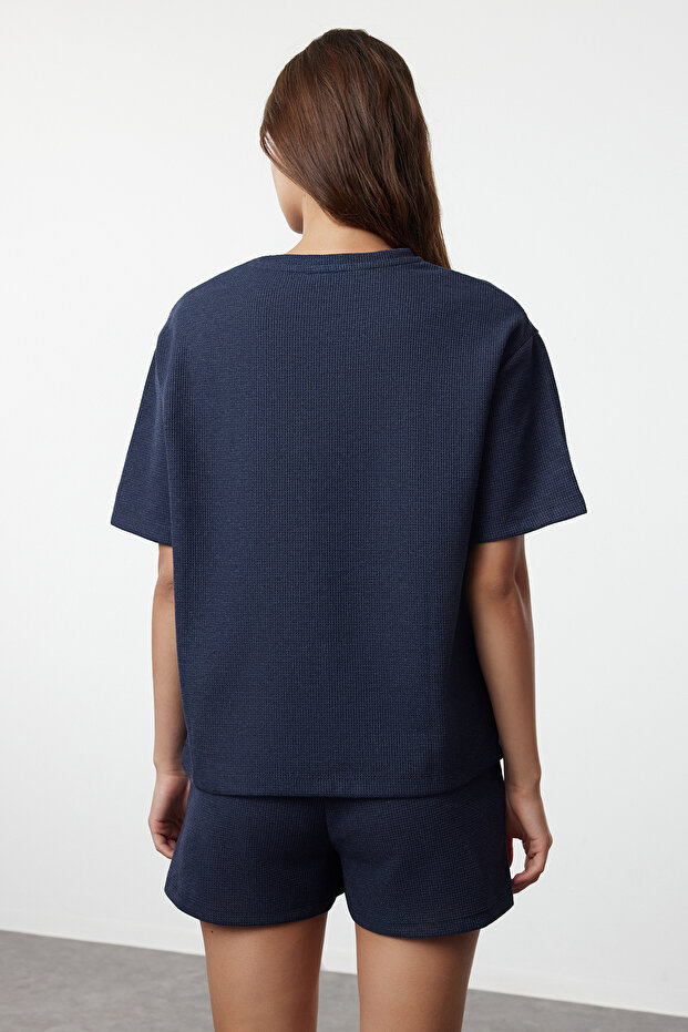 Indigo Waffle Kumaş Şortlu Örme Pijama Takımı THMSS22PT0524 - 5