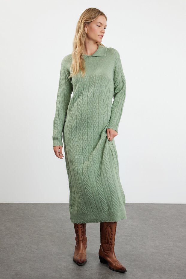 Green Fish Back Print Polo Neck Knitwear Dress Tctaw25Eb00030