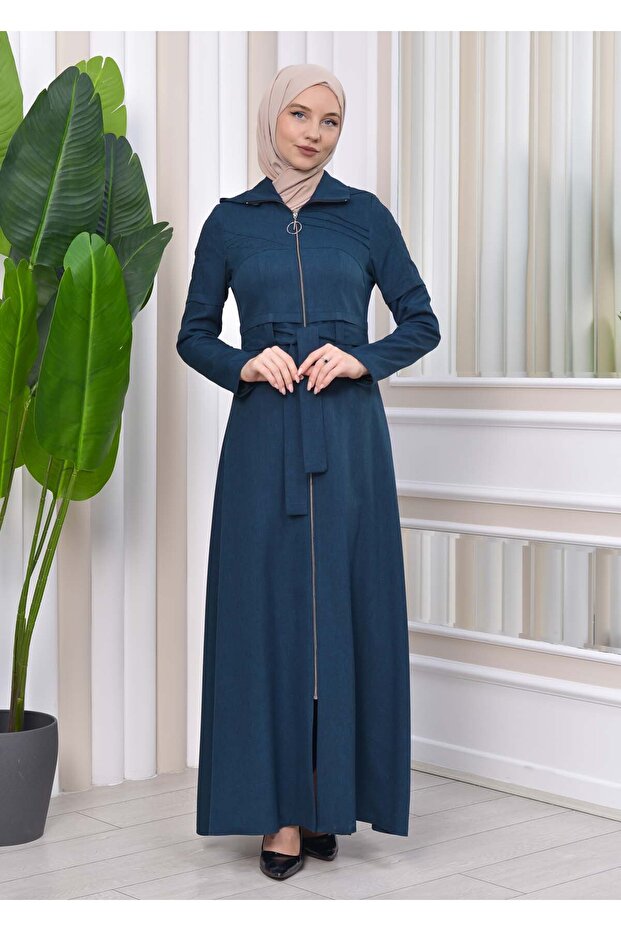Zippered front Hooded-Belt Hijab Overcoat 1212