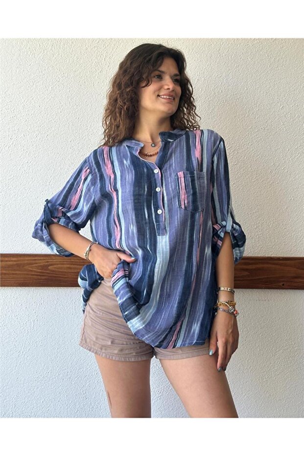 Batik Striped Italian Linen Blue Shirt Blouse Std