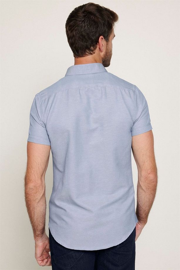 Erkek Slim Fit Dar Kesim Kısa Kollu Pamuklu Oxford Doku Kolay Ütülenebilir Gri Düğmeli Yaka Gömlek - 5
