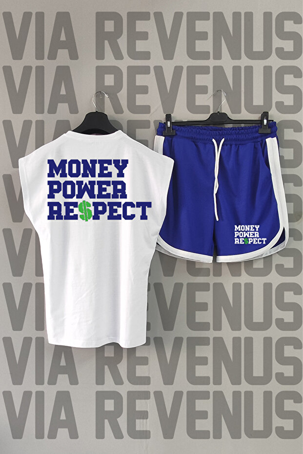 Para Power Respect Back Printed Zero Sleeve Crew Neck White Sports Tshirt and Blue Sports Shorts Set
