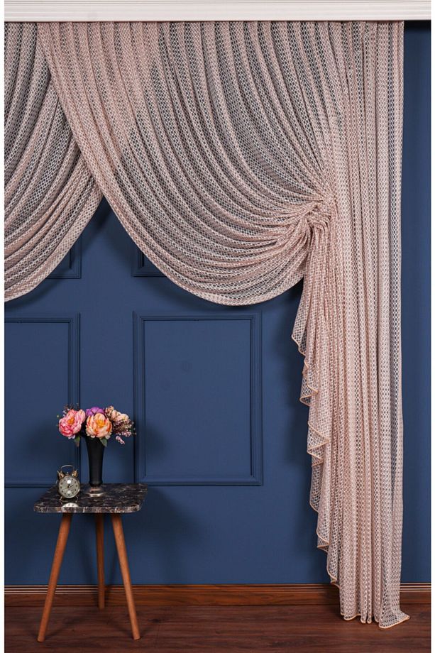 Pudra Rengi Dantel Örme Kruvaze Perde, 250x260cm, 1/4, Elısıon7084 - 4