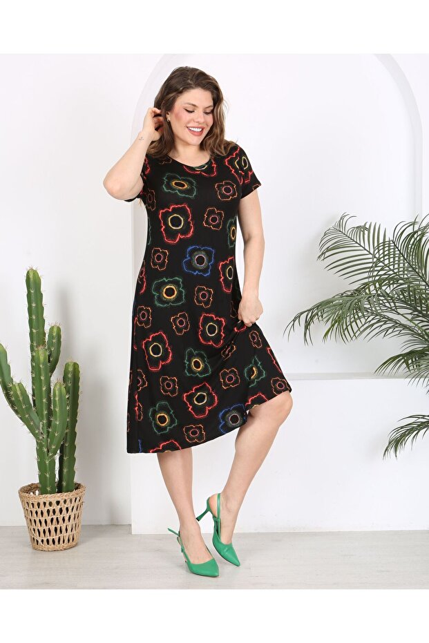 Women's plus size midi length bicycle collar patterned short sleeve dress 24133