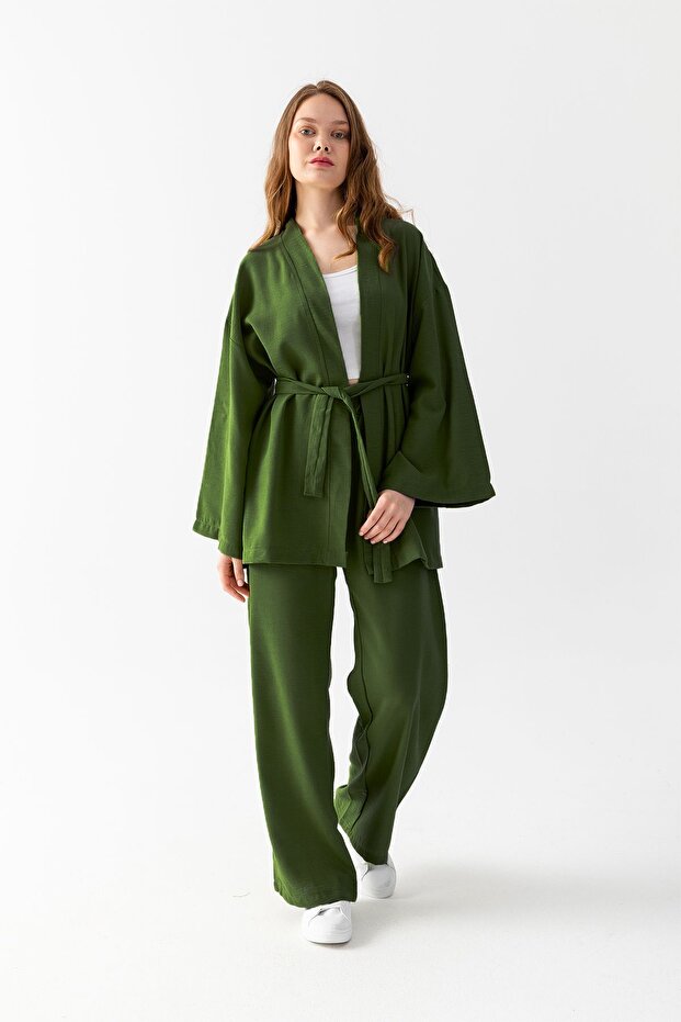 Zen Elegance Women's Kimono Set - Wide Leg Linen Textured Top and Bottom Summer Set