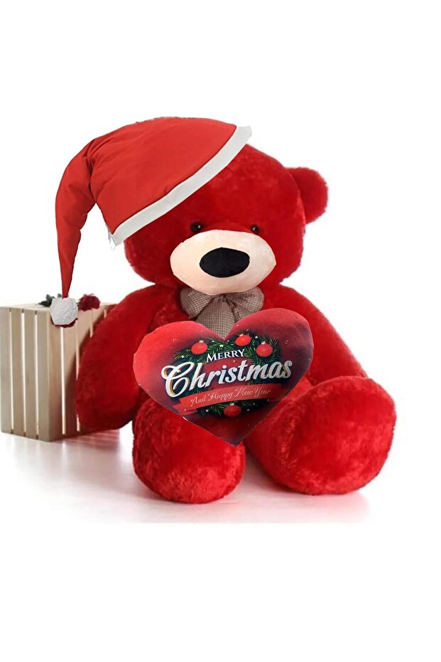 New Year's Special: 90 cm Plush Teddy Bear with Printed Heart and Christmas Hat in Hand - New Year's Themed