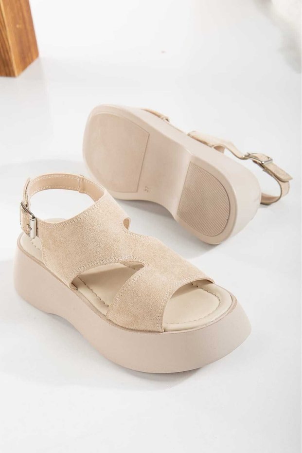 June Wedge Heeled Platform Sole Suede Material Beige Women's Sandals Summer