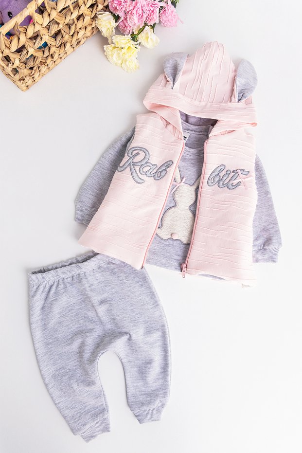 Rabbit Embroidered Hooded Vest 3 Piece Baby Girl Set