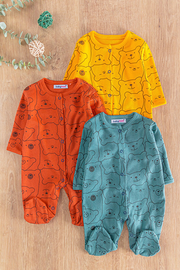Teddy Bear Figured Long Sleeve 3 Piece Baby Boy Jumpsuit Set