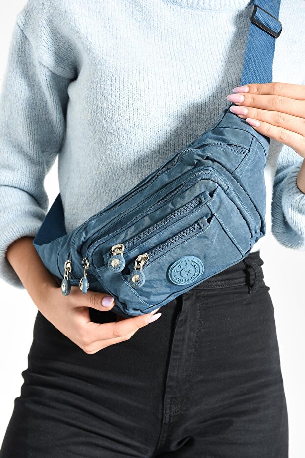 Unisex Blue Waist Bag - Multi-Pocket (Model: 571-7F)