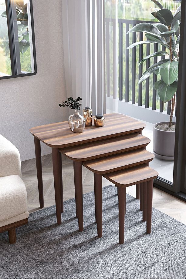 IKEAA 4lü Dörtlü Mdf Ahşap Zigon Sehpa - Ceviz - 1