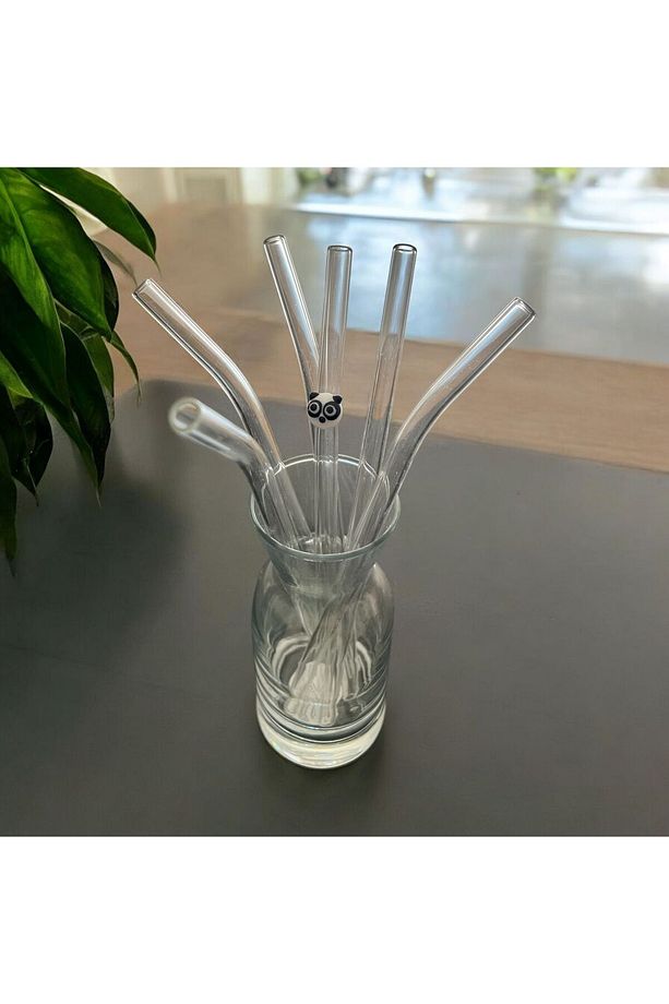 Şeffaf Cam Eğimli 6lı Pipet ( 1 Adet Figürlü Pipet Hediye - 1