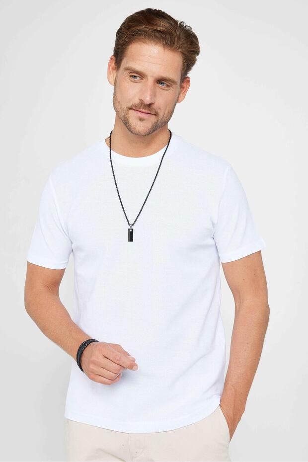 Men's Slim Fit Slim Fit 100% Cotton Soft Textured Patterned White Crew Neck T-Shirt