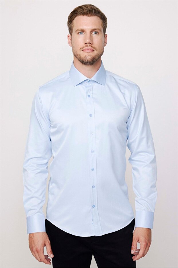 Modern Slim Fit Long Sleeve Plain Satin Cotton Men's Blue Shirt