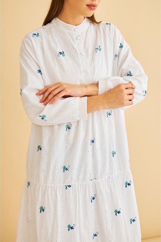 Guıpure Nakışlı Ve Düğmeli Brode Oversize Yeşil Elbise - 6