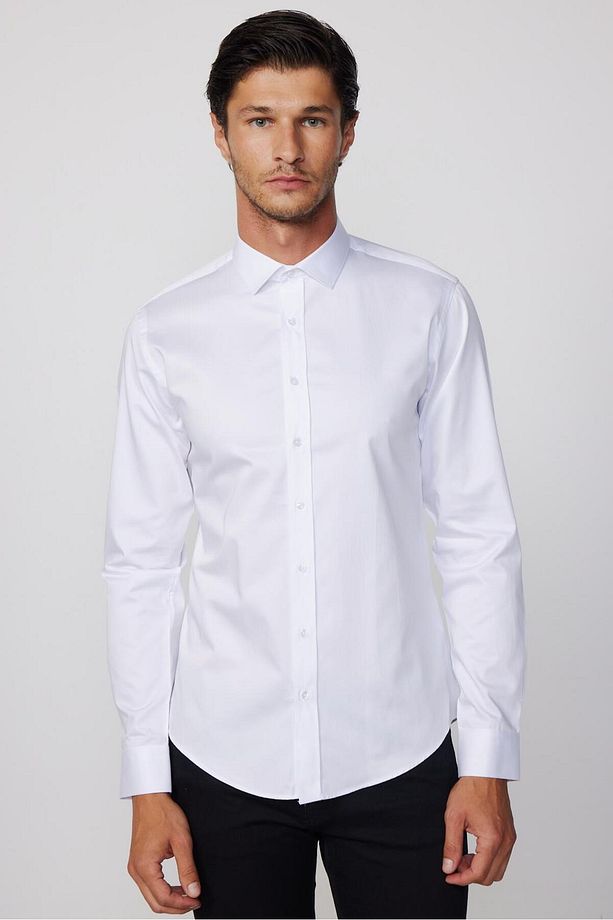 Slim Fit Uzun Kollu Pamuk Saten Erkek Beyaz Gömlek - 2