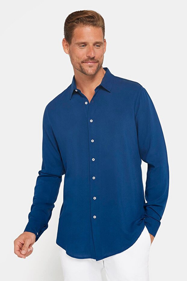 Slim Fit Long Sleeve Slim Fit Flowing Viscose Stylish Men's Navy Blue Shirt